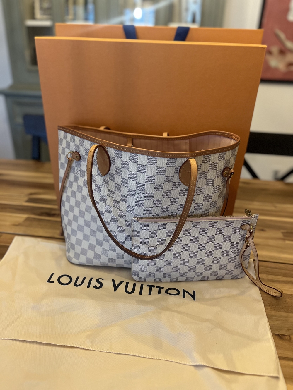 Louis Vuitton Damier Azur Checkered Tote with Tan Leather Trim